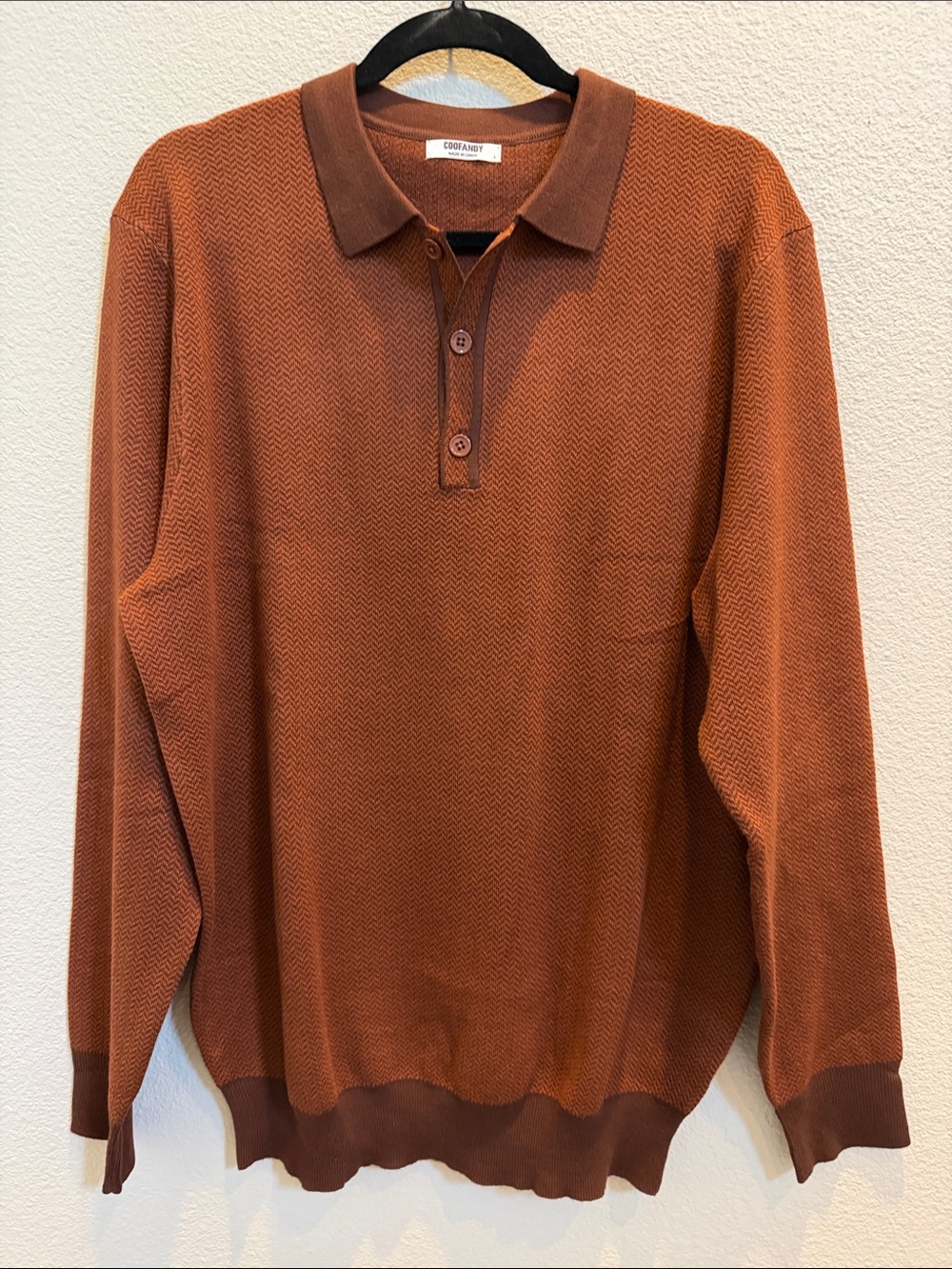 Coofandy Rusty Brown Knit Long-Sleeve Stretch Polo Sweater Shirt NWOT